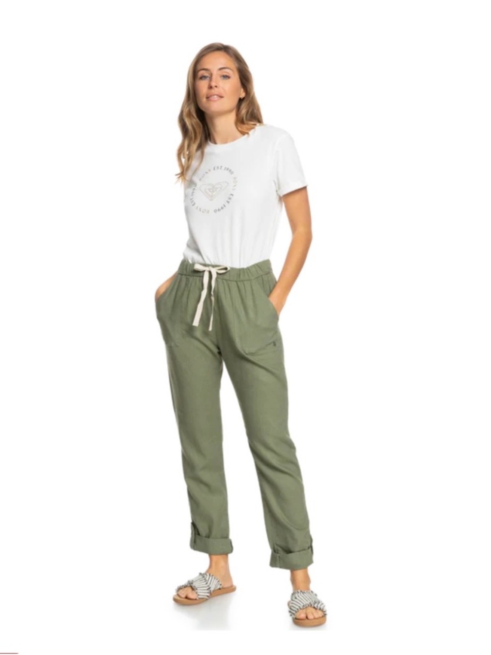 Roxy Olive Drawstring Straight-Leg Pants Size Large